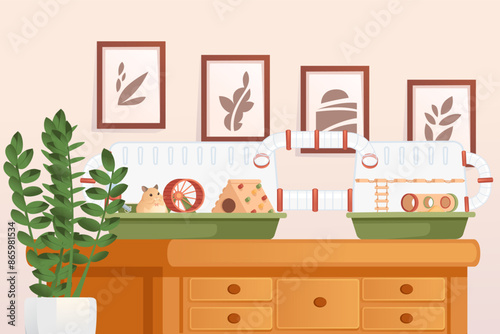 Transparent plastic hamster cage with small house, wheel and hanging drinker. Cute cartoon animal design,with room on background. Vector illustration