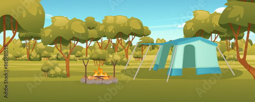 Travel camp with tent and bonfire. Blue sky and forest on scenery landscape background. Vector illustration