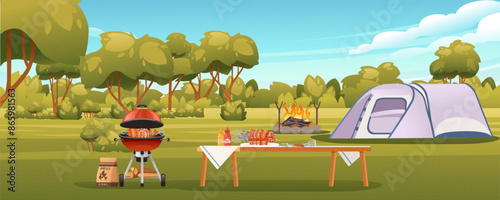 Forest trip with tent, campfire, and barbecue. BBQ grill with meat on table. Vector illustration of travel weekend with green grass and trees