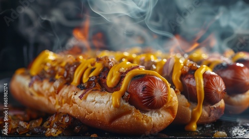 Tasty hot dogs in buns, topped with mustard and onions, dark background, smoke visible, detailed textures, visually appealing and savory photo