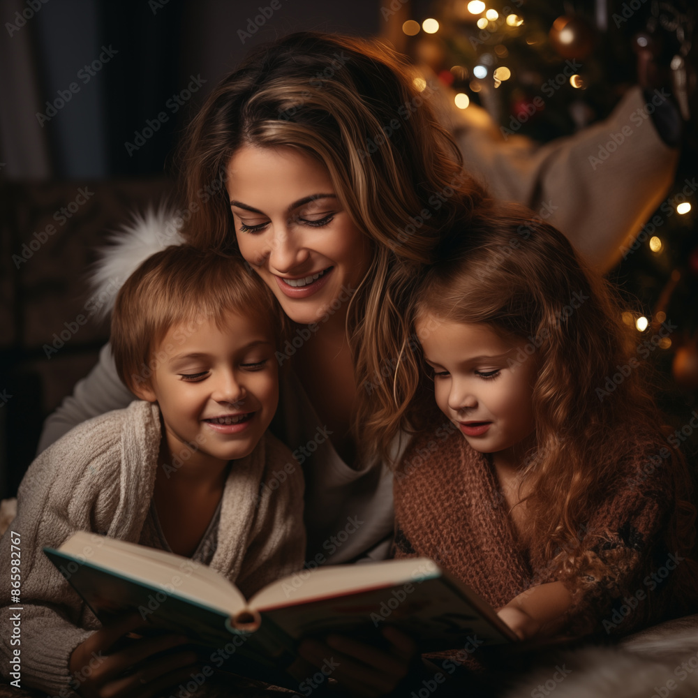 A mother and daughters reading a book in front of a christmas tree A mother and daughters reading a book in front of a christmas tree