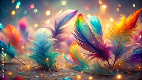 Vibrant colorful rainbow feathers scattered across a neutral background with soft focus and gentle blurred edges.