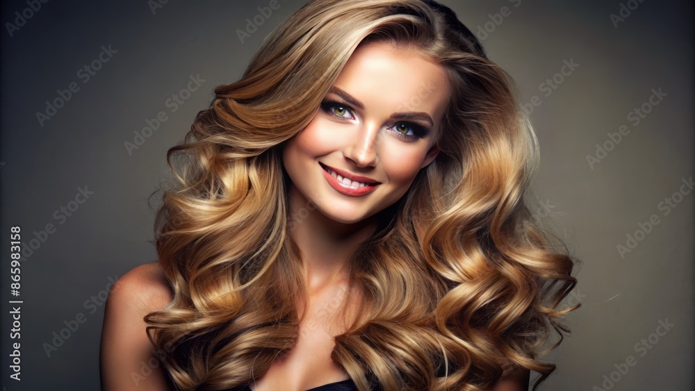 Soft focus, warm lighting, and blurred background highlighting luxurious dark blond hair, perfectly styled with subtle, alluring gestures.