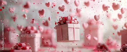 Pink Gift Boxes Falling Through Confetti and Hearts for Valentines Day