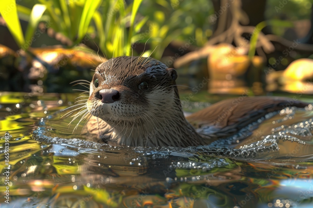 Playful otter swimming in a pond surrounded by lush greenery, capturing the essence of wildlife and nature in a serene environment. Playful otter swimming in a pond surrounded by lush greenery, capturing the essence of wildlife and nature in a serene environment.