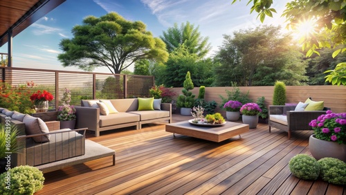 Soothing ambiance permeates a sleek modern terrace with rich wood deck flooring, elegant fence, lush greenery, and comfortable outdoor furniture. photo