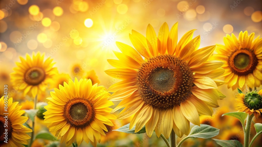 Vibrant yellow petals shining bright against a soft, creamy blurred background, showcasing stunning, fully bloomed sunflowers in all their glory. Vibrant yellow petals shining bright against a soft, creamy blurred background, showcasing stunning, fully bloomed sunflowers in all their glory.