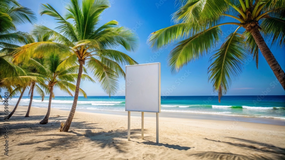 Serene beach summer vacation background with clear blue sky and palm trees framing a blank white poster sign awaiting design.