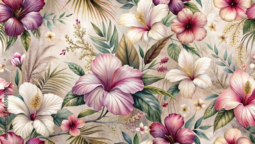Fototapeta Naklejka Na Ścianę i Meble -  Exquisite watercolor 3D illustration featuring tropical hibiscus flowers in pink, beige, and purple hues amidst white gypsophila on a luxurious vintage-inspired wallpaper.