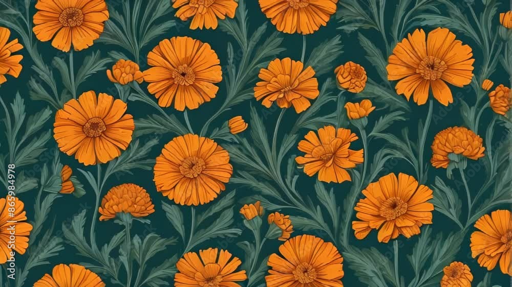 Animated pattern of orange flowers on a teal background Animated pattern of orange flowers on a teal background
