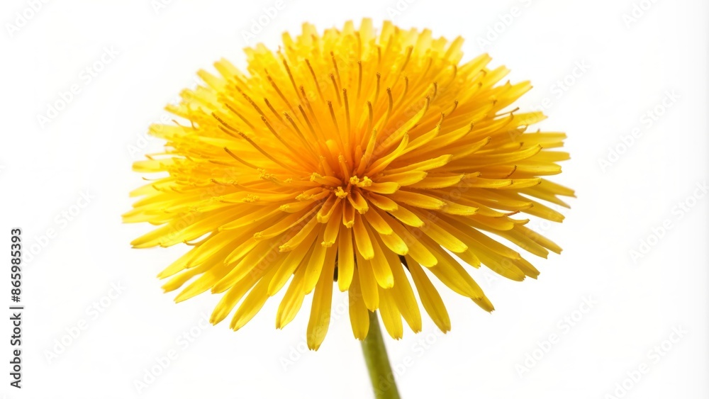 Vibrant yellow dandelion flower bloom with delicate petals and fuzzy stem stands isolated on a pure white studio background. Vibrant yellow dandelion flower bloom with delicate petals and fuzzy stem stands isolated on a pure white studio background.