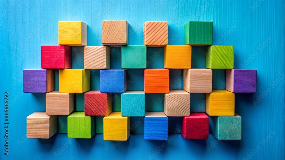 Vibrant wooden blocks in a colorful arrangement on a bright blue background, ideal for educational settings and learning concepts representation.
