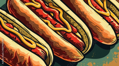 Nostalgic National Hotdog Day poster, featuring detailed illustrations of hot dogs with ketchup and mustard, festive retro colors and classic typography photo