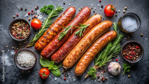 Vibrant vegetarian sausages adorned with salt, spices, and fresh herbs arranged artfully on a dark, rough-textured concrete background surface alone.