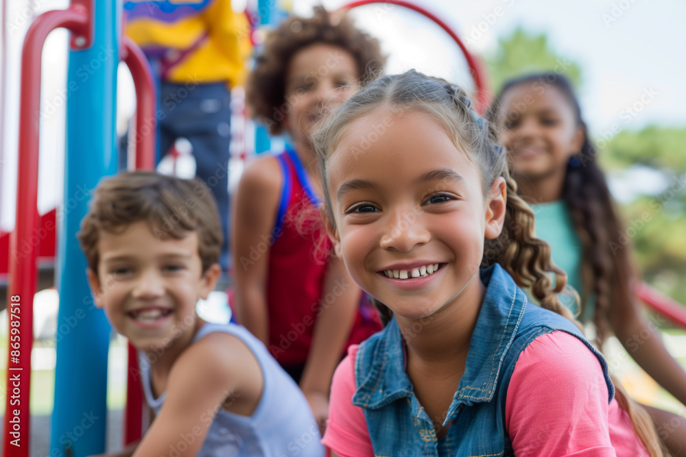 group of children are playing at a playground, with one girl in a pink shirt smiling and looking at the camera group of children are playing at a playground, with one girl in a pink shirt smiling and looking at the camera