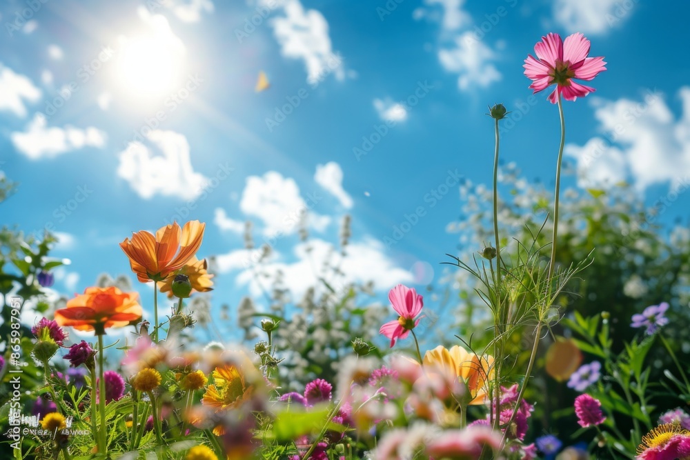 A field of flowers with a blue sky in the background A field of flowers with a blue sky in the background