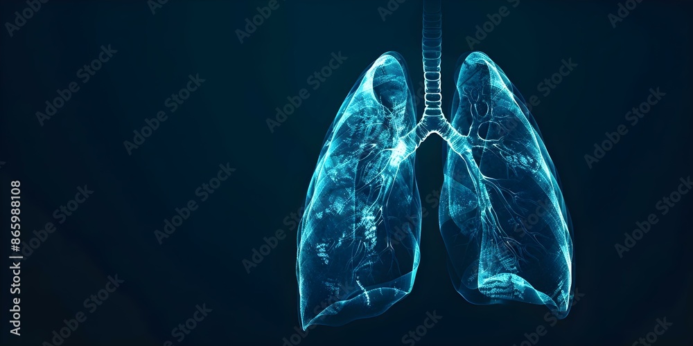 Highly detailed blue digital X-ray image of human lungs on a dark background. Concept Medical Imaging, Radiography, Pulmonary Health, Human Anatomy, Diagnostic Technology Highly detailed blue digital X-ray image of human lungs on a dark background. Concept Medical Imaging, Radiography, Pulmonary Health, Human Anatomy, Diagnostic Technology