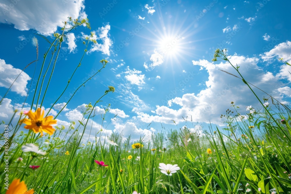 A field of flowers with a blue sky in the background A field of flowers with a blue sky in the background