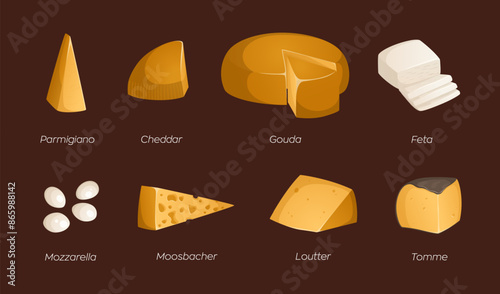 Collection of different types of cheeses on a brown background. Vector illustration with text. Ideal for posters and banner, menu of cafe and shops. Colorful and bright set in realistic style. Brie