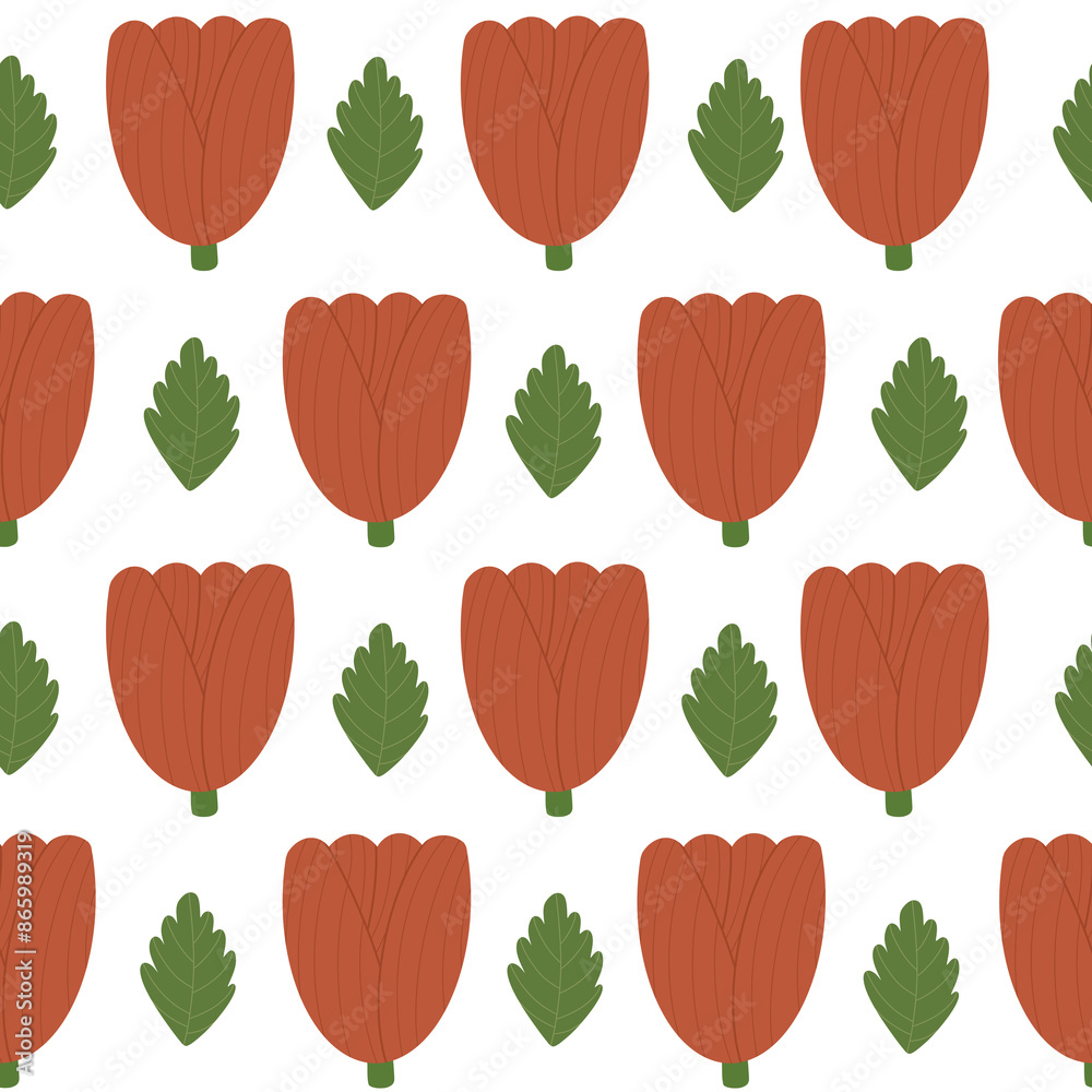 Fototapeta premium Geometric red tulips and leaves seamless pattern. Hand drawn simple flower heads isolated on white background. Floral endless background 