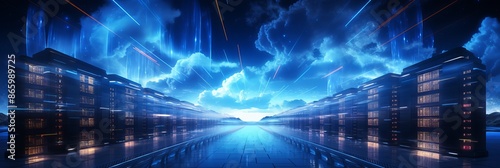 Futuristic Blue Data Center with Glowing Servers and Cloud Integration photo