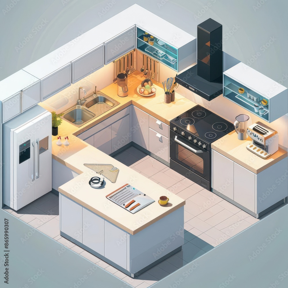 High-quality isometric rendering of a stylish kitchen interior with a central countertop High-quality isometric rendering of a stylish kitchen interior with a central countertop