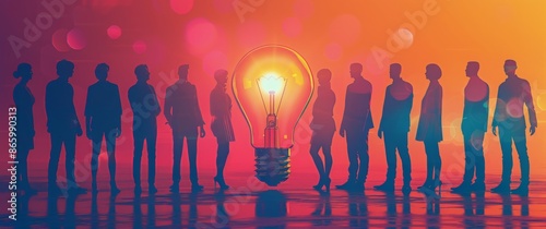Group of Silhouettes Standing Before a Lit Lightbulb, Illustrating Collaborat...
