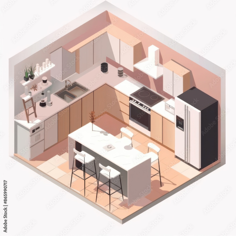 Isometric 3D kitchen layout flat design, top view, modern interior design, animation, colored pastel Isometric 3D kitchen layout flat design, top view, modern interior design, animation, colored pastel