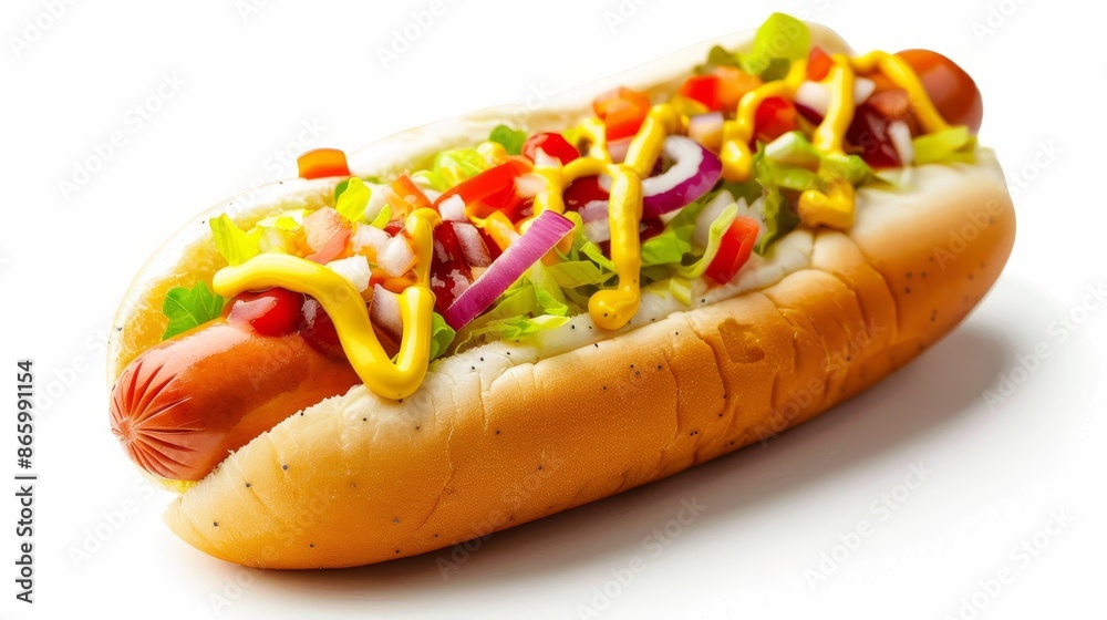 Mouthwatering hot dog with festive toppings, colorful condiments, and delicious seasoning, detailed texture, vibrant and appetizing Mouthwatering hot dog with festive toppings, colorful condiments, and delicious seasoning, detailed texture, vibrant and appetizing