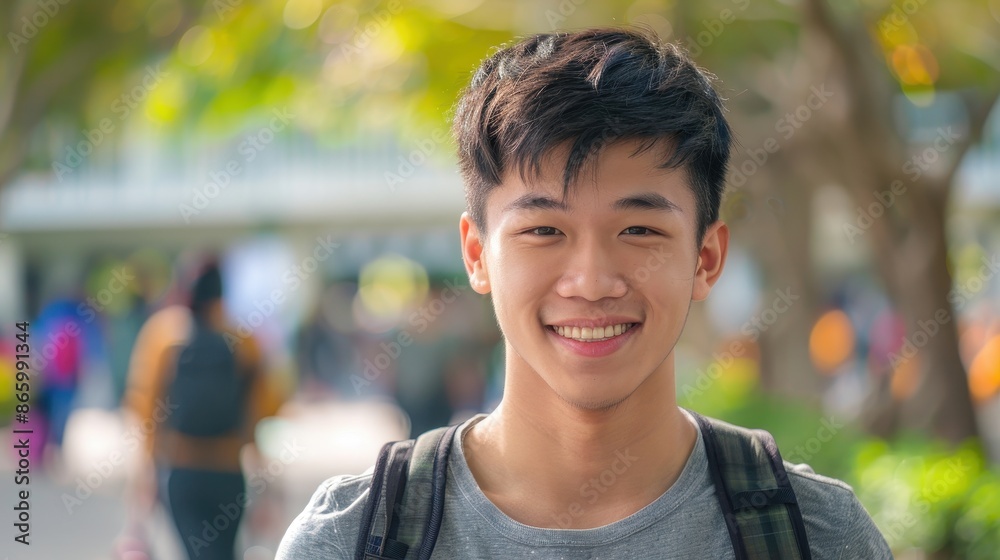 A young man smiles at the camera in an outdoor setting A young man smiles at the camera in an outdoor setting