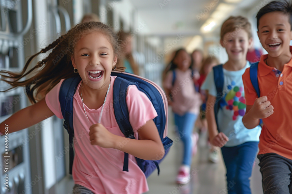 group of children are running down a hallway, some of them wearing backpacks. Scene is energetic and playful, as the children are laughing and enjoying themselves group of children are running down a hallway, some of them wearing backpacks. Scene is energetic and playful, as the children are laughing and enjoying themselves