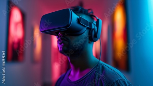 A man wearing a VR headset experiences virtual reality, illuminated by vibrant neon lights creating a futuristic atmosphere. © Xistudio