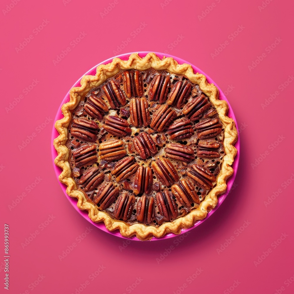 Delicious pecan pie on pink background, top view. Homemade dessert with pecan nuts, perfect for thanksgiving and holidays. Delicious pecan pie on pink background, top view. Homemade dessert with pecan nuts, perfect for thanksgiving and holidays.
