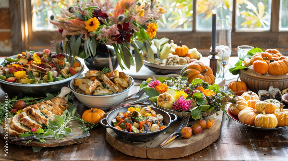Abundant autumn harvest feast with roasted vegetables, bread, and decorative pumpkins on a rustic wooden table Abundant autumn harvest feast with roasted vegetables, bread, and decorative pumpkins on a rustic wooden table