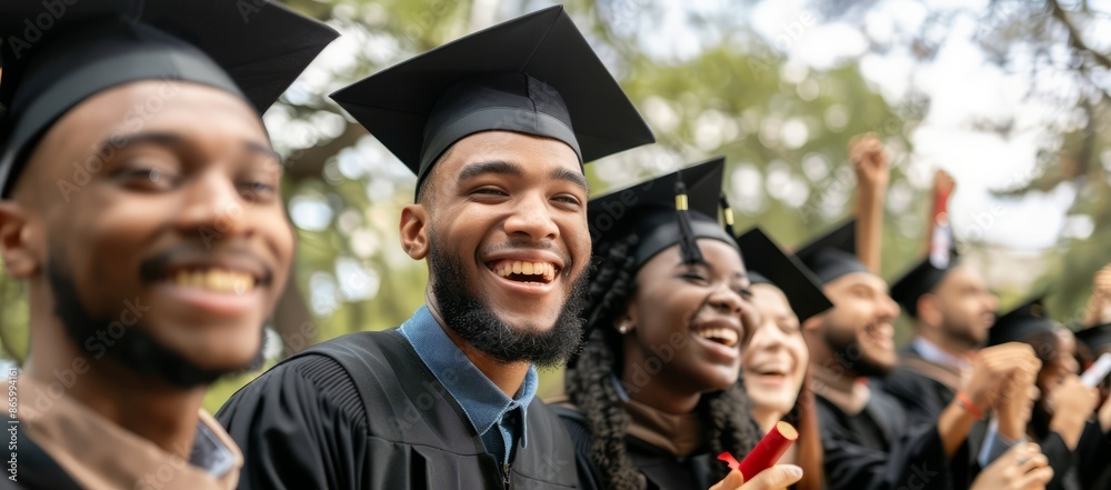 Fototapeta premium A group of students dressed in black hoodies and gowns captured the youthful faces of a group laughing and embracing as they celebrated life's big moment