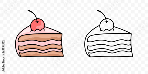 Piece of cake with cherries, graphic design. Food, meal, confectionery, pastry and bakery, vector design and illustration