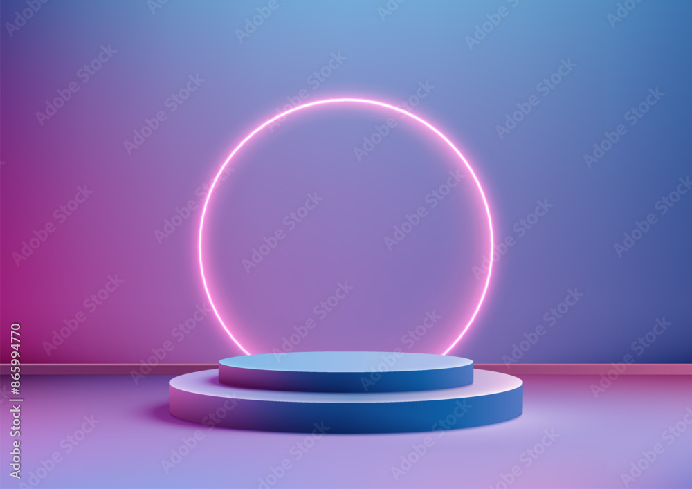 3D Blue Podium with Pink Neon Circle, Futuristic Technology Concept for Product Display and Mockup 3D Blue Podium with Pink Neon Circle, Futuristic Technology Concept for Product Display and Mockup