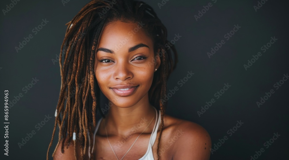 Smiling Woman With Dreadlocks In Front Of A Black Background Smiling Woman With Dreadlocks In Front Of A Black Background