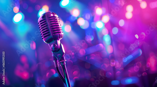 Close up of microphone against background of lots of lights at music festival.