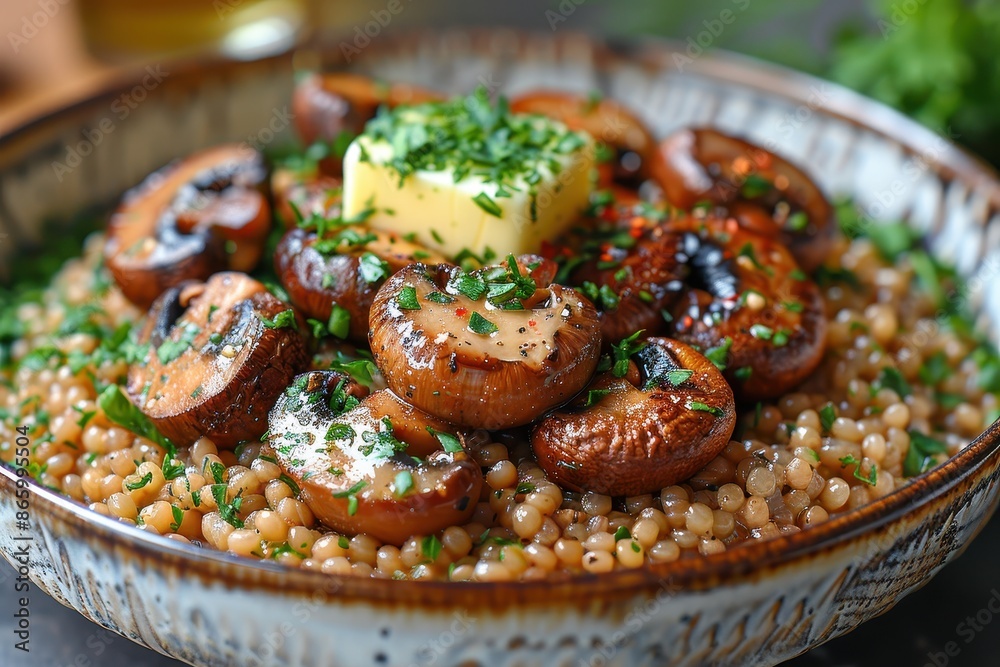 A bowl of buckwheat kasha with roasted mushrooms, garnished with fresh parsley and a pat of butter. A bowl of buckwheat kasha with roasted mushrooms, garnished with fresh parsley and a pat of butter.