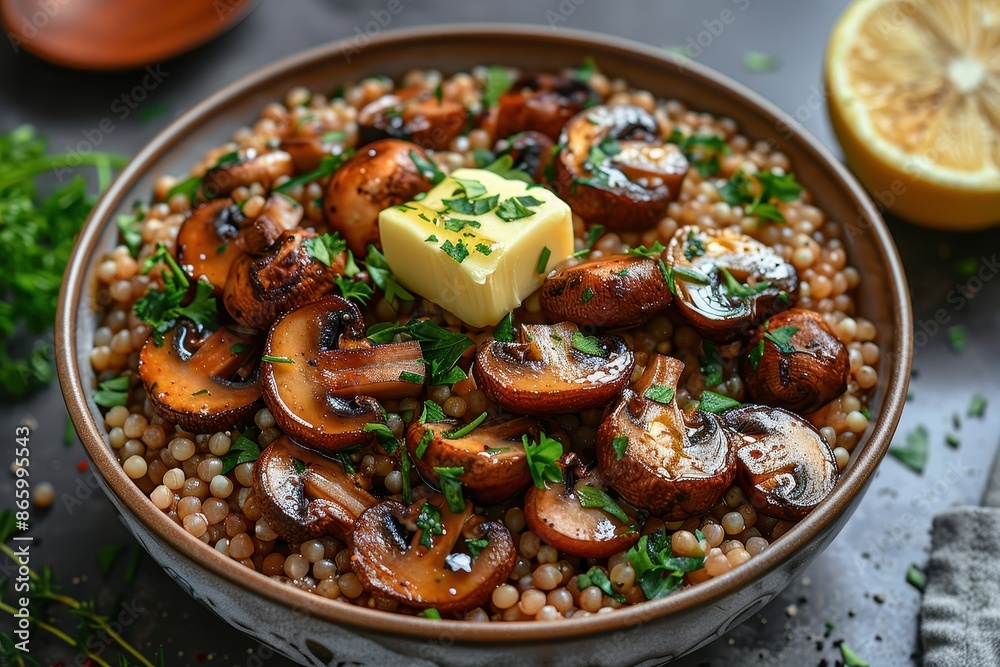 A bowl of buckwheat kasha with roasted mushrooms, garnished with fresh parsley and a pat of butter. 
