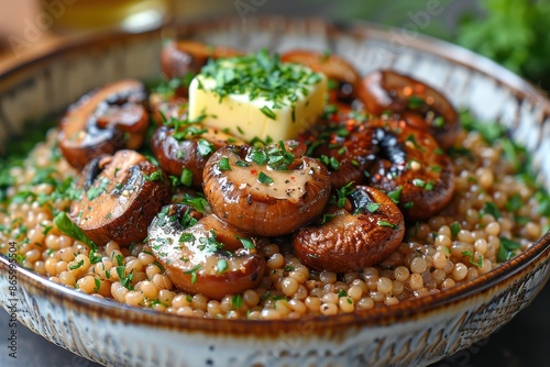 A bowl of buckwheat kasha with roasted mushrooms, garnished with fresh parsley and a pat of butter. 