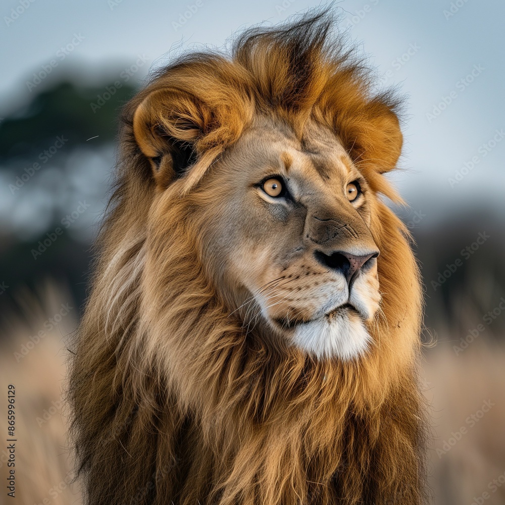 Majestic Male Lion Gazing Into The Distance in African Savanna Majestic Male Lion Gazing Into The Distance in African Savanna