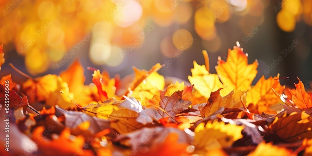 Close-up of fallen autumn leaves illuminated by golden light, capturing the vibrant colors and serene beauty of the fall season. Close-up of fallen autumn leaves illuminated by golden light, capturing the vibrant colors and serene beauty of the fall season.