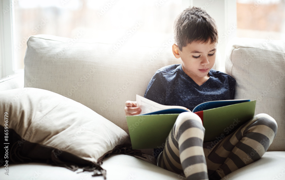 Boy, sofa and reading with book for story, fairytale or knowledge in literature at home. Male person, child or kid in relax on living room couch with novel for education, fiction or fantasy at house