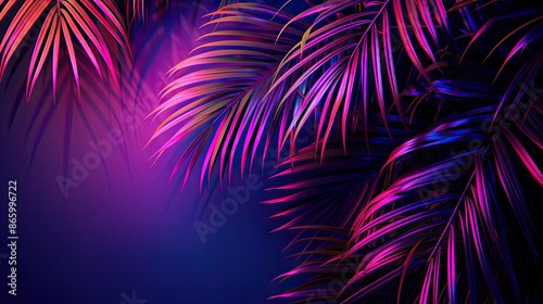 Tropical palm leaves in neon light. Exotic fashionable background. A place for the text.