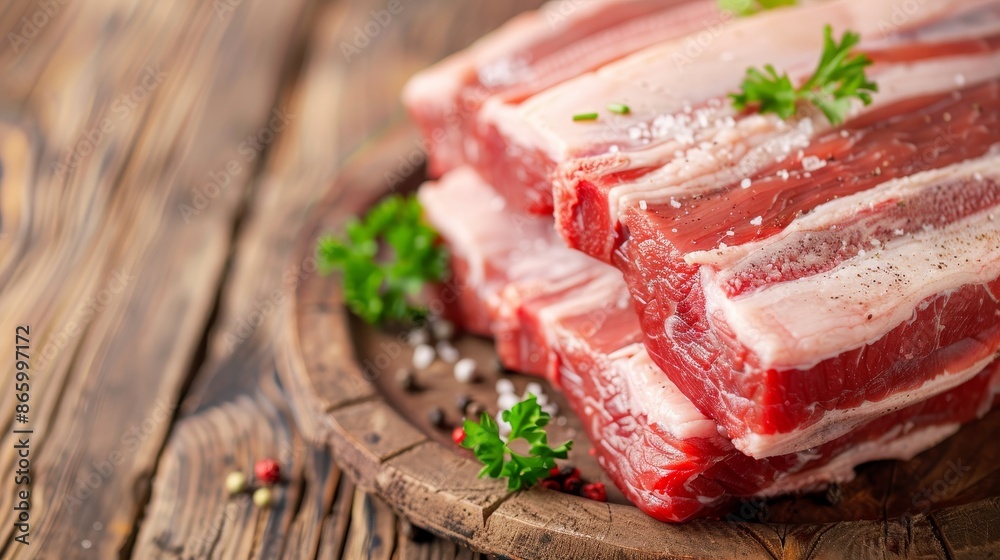 Close-up of raw pork belly with back fat pork, detailed marbling, ready for culinary preparation, rustic background, fresh and inviting Close-up of raw pork belly with back fat pork, detailed marbling, ready for culinary preparation, rustic background, fresh and inviting