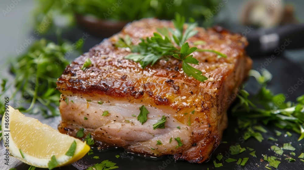 Crispy-skinned roast pork belly, tender and juicy, beautifully plated, ready to serve with a garnish of fresh herbs and lemon wedges, mouthwatering and delightful Crispy-skinned roast pork belly, tender and juicy, beautifully plated, ready to serve with a garnish of fresh herbs and lemon wedges, mouthwatering and delightful