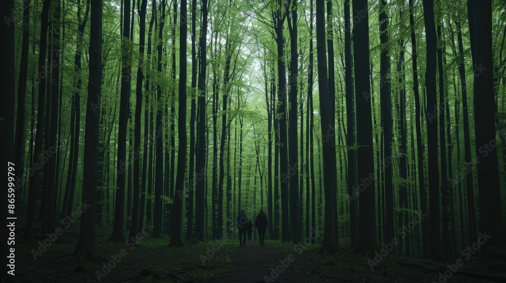 Serene forest scene with three silhouettes walking along a path, surrounded by towering, lush green trees on a misty day. Serene forest scene with three silhouettes walking along a path, surrounded by towering, lush green trees on a misty day.