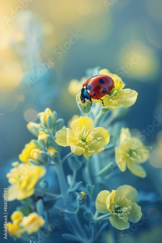 Ladybug on Yellow Flower in a Garden on a Sunny Day